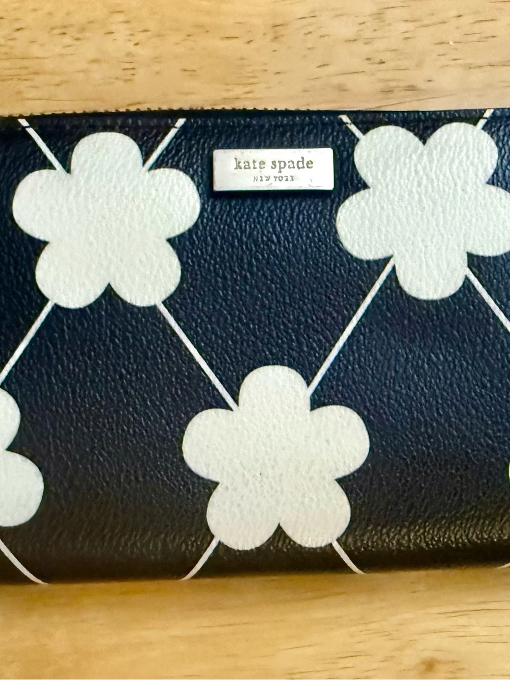 kate spade black wallet with white floral trellis print